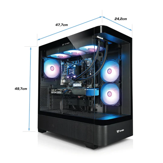 Ein schwarzer PC-Turm mit Glasfront und RGB-Lüftern.