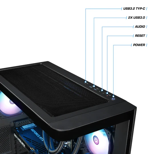 Oberseite eines schwarzen PC-Gehäuses mit Anschlüssen: USB-C, 2x USB 3.0, Audio, Reset, Power.