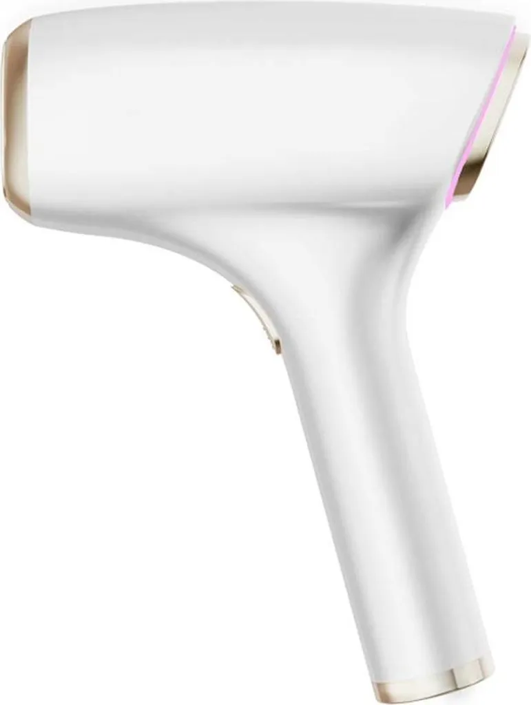Ein weißer Haartrockner mit goldenen Akzenten und einer rosa Umrandung.