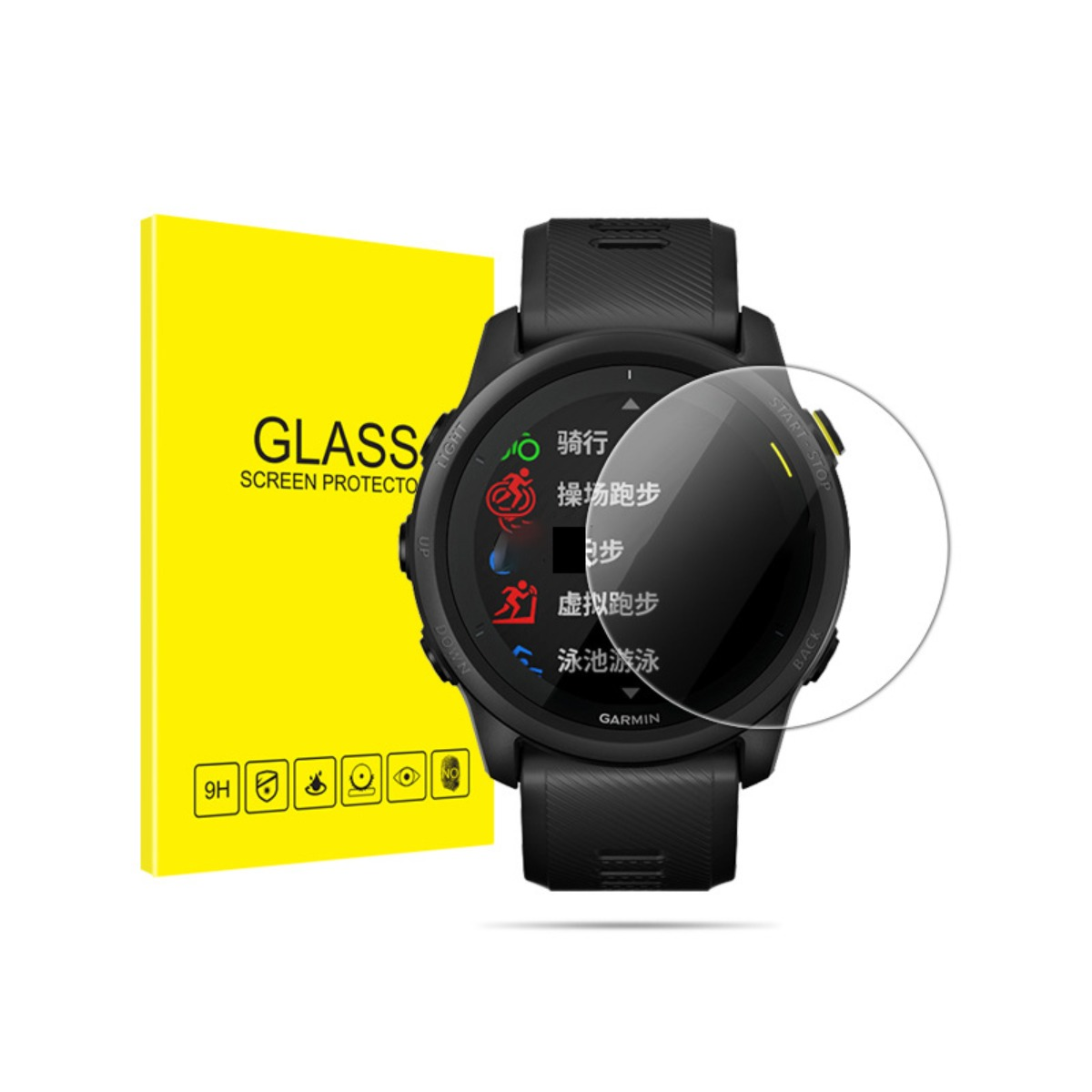 Orologio intelligente nero con confezione protettiva per schermo gialla. Modalità sportive su schermo.