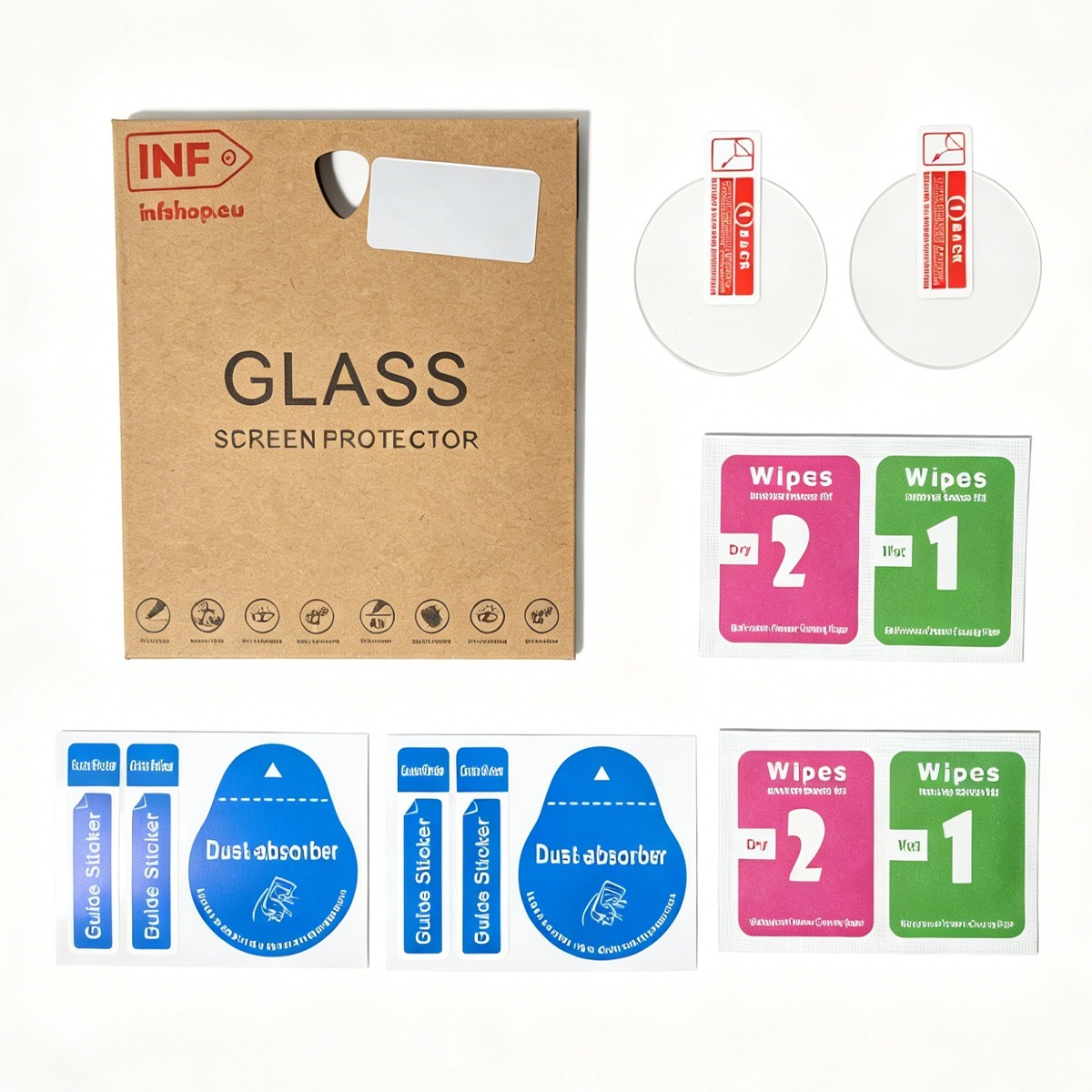 Kit di protezione schermo in vetro con confezione, salviette e adesivi.