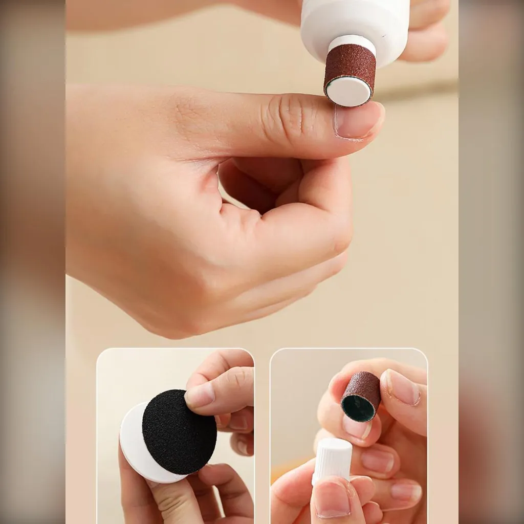 Hände mit Nagelpflegegeräten: eine Hand nutzt Schleifaufsatz, zwei Detailansichten zeigen Zubehör.