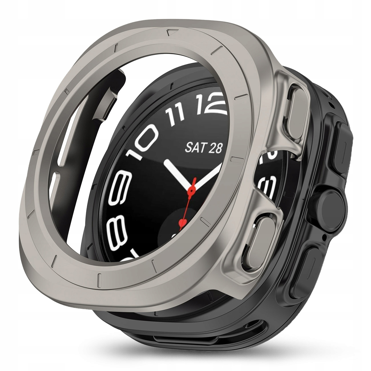 Szara ramka ochronna na czarnym smartwatchu z białym cyferblatem.