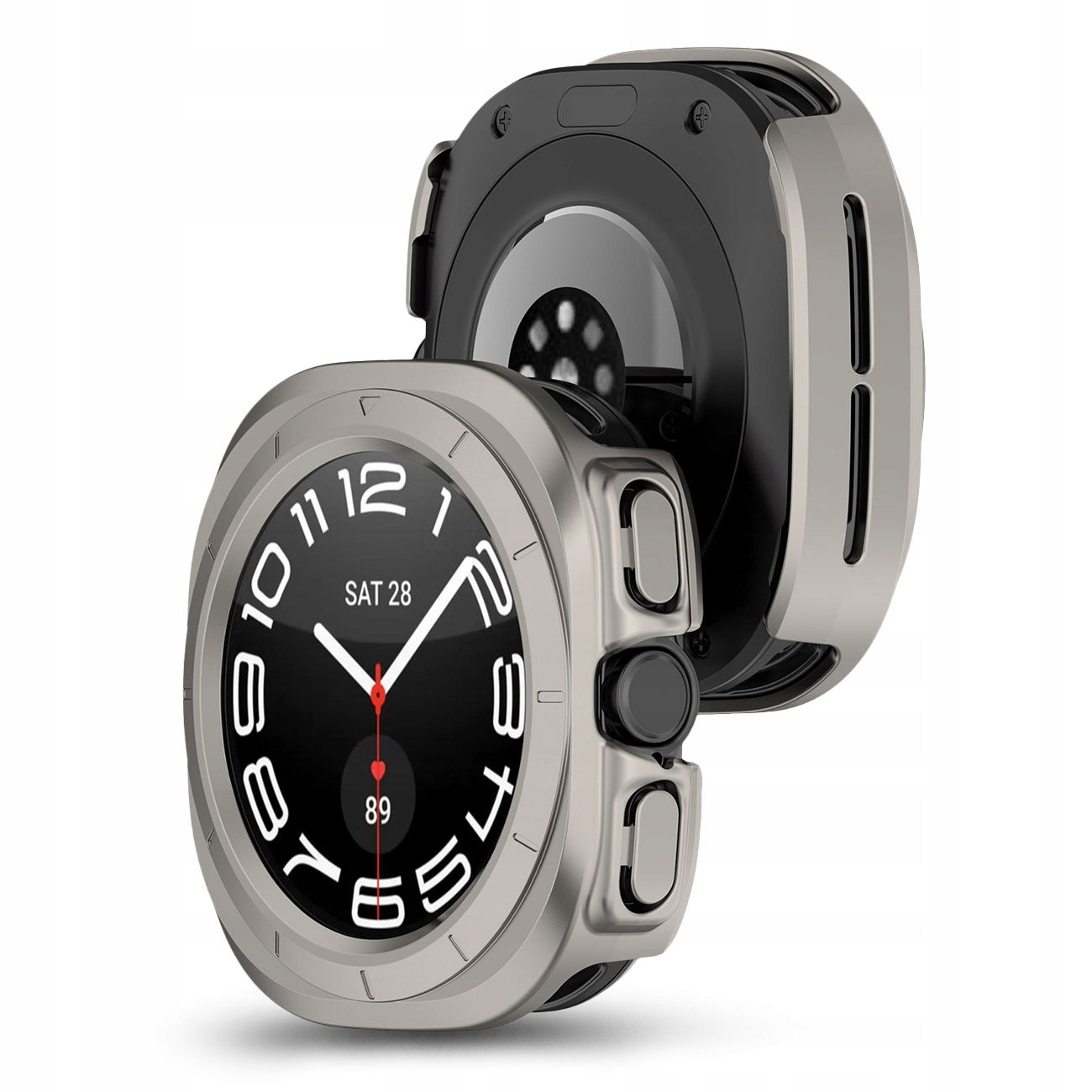 Srebrny smartwatch z czarną tarczą i białymi cyframi. Drugi zegarek jest za nim.