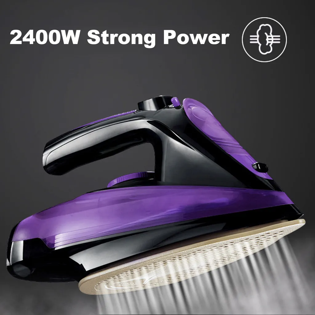 Ein schwarzes und lila Dampfbügeleisen mit "2400W Strong Power".