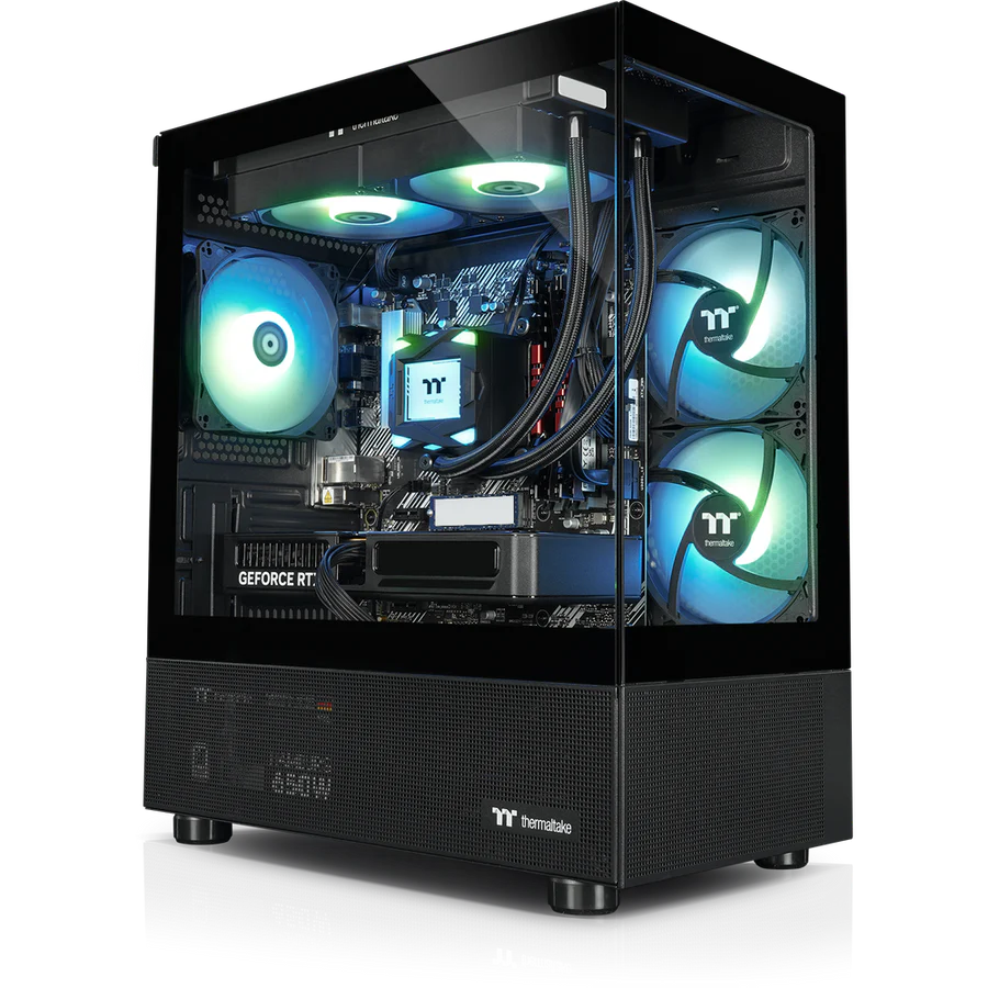 Ein leistungsstarker PC mit RGB-Beleuchtung, Glasgehäuse und sichtbaren Komponenten.