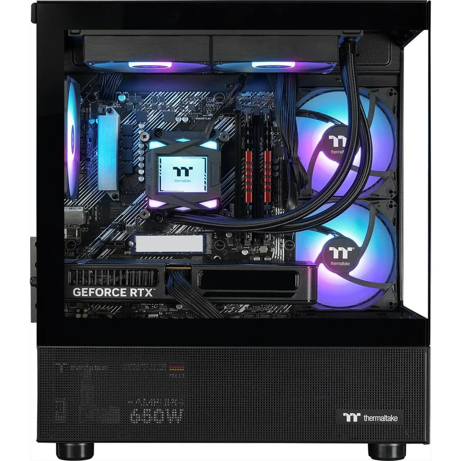 Ein PC-Gehäuse mit leuchtenden Lüftern, Grafikkarte und Hauptplatine.