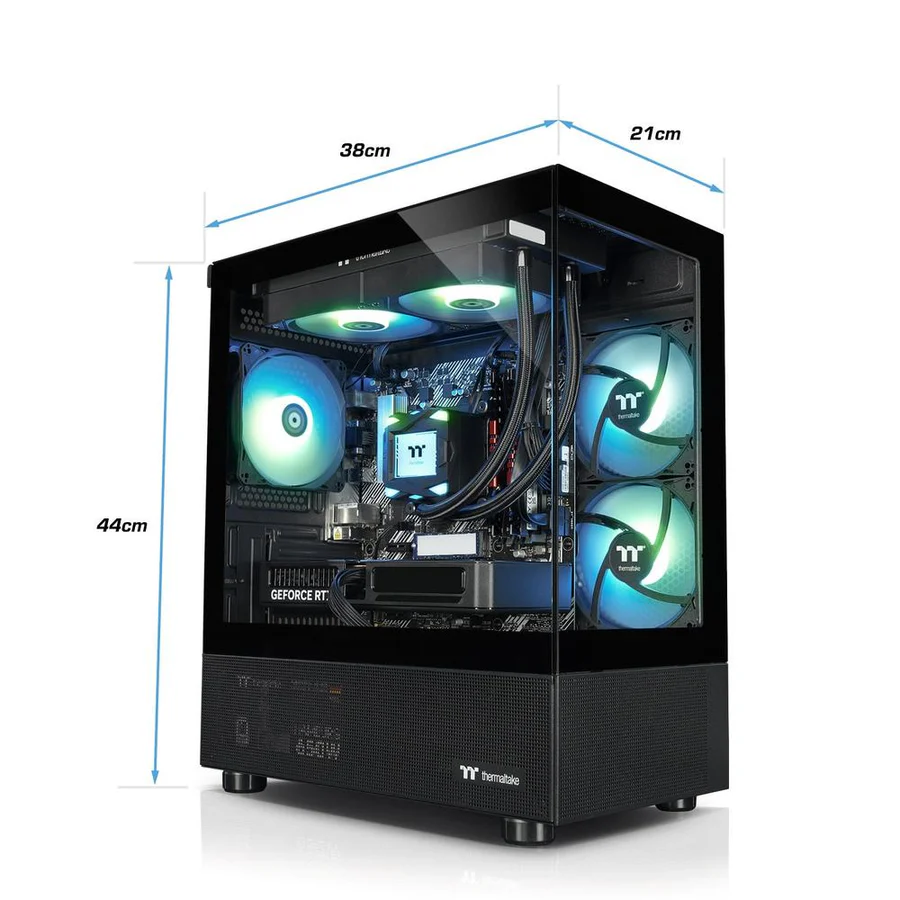 Ein schwarzes PC-Gehäuse mit RGB-Lüftern und Maßen von 38x21x44cm.