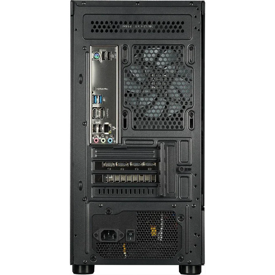 Rückseite eines schwarzen Computerturms mit Anschlüssen, Lüfter und Netzteil.