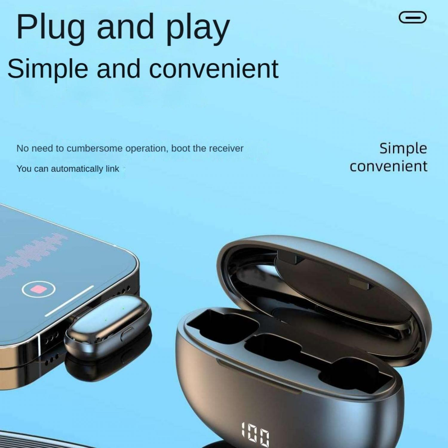 Ein Smartphone mit einem Ohrhörer, der in den Ladeanschluss gesteckt ist, und ein geöffnetes Ladecase.