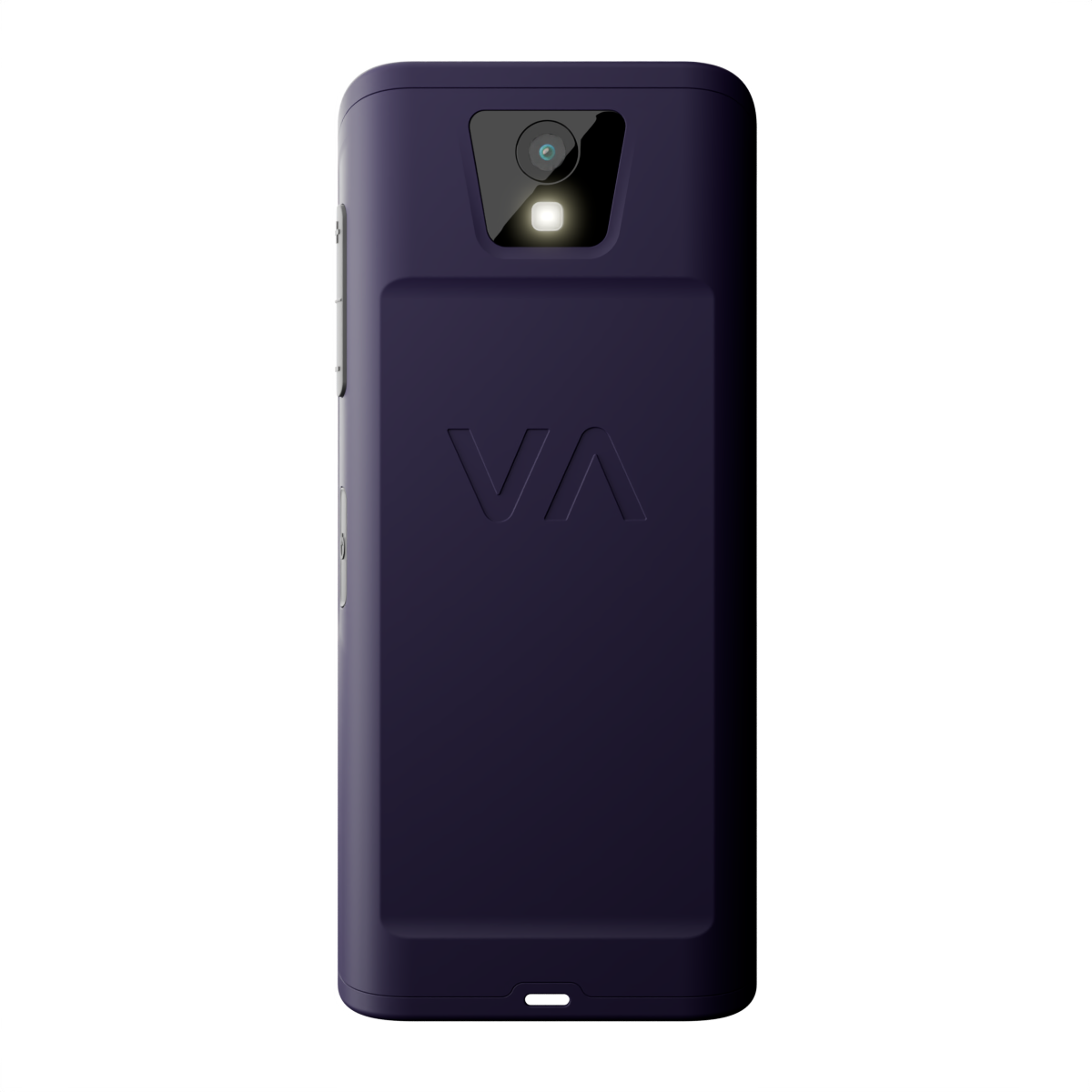 Parte trasera de un smartphone morado oscuro con cámara, flash y logo VA en relieve.