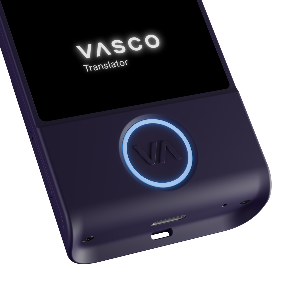 Un dispositivo Vasco Translator morado oscuro con botón y logo iluminados.