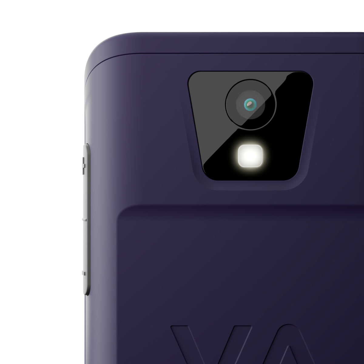 Teléfono morado oscuro con módulo de cámara y flash sobre fondo negro.