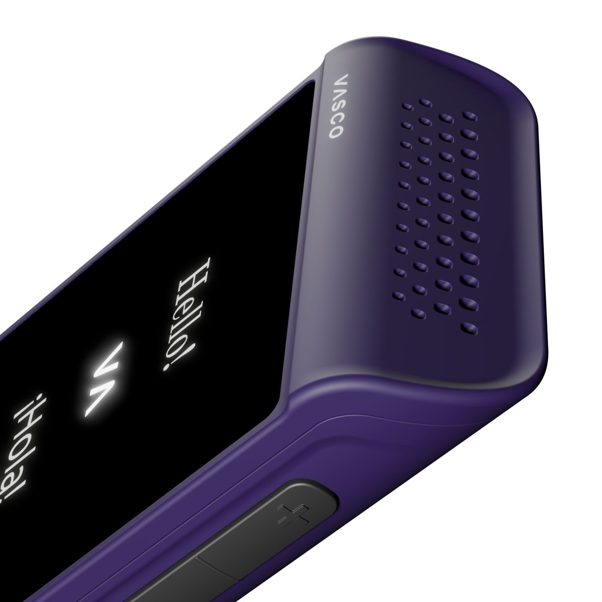 Un dispositivo Vasco morado que muestra «Hello!» y «¡Hola!».
