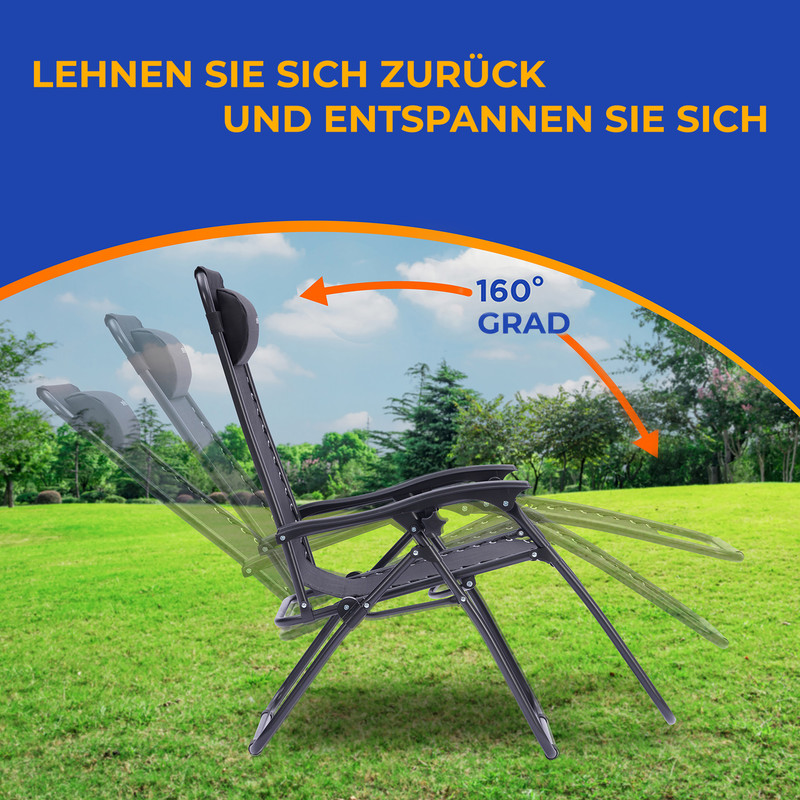 Ein verstellbarer Liegestuhl wird in einem Winkel von 160 Grad gezeigt.