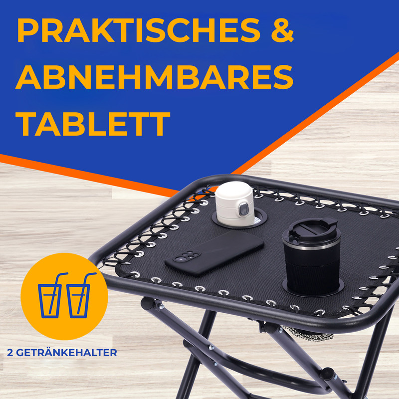 Abnehmbares Tablett mit Getränkehaltern und Handyablage auf einem Liegestuhl.