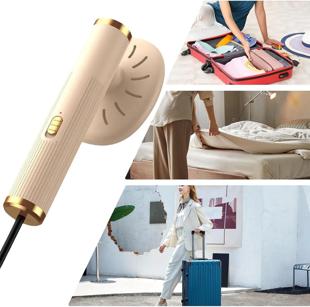 Collage: Tragbarer Dampfer, Koffer packen, Bett machen, Frau mit Koffer.