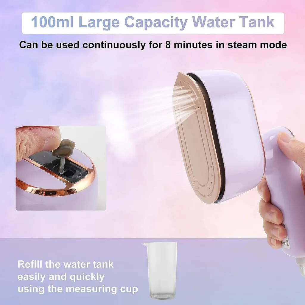 Ein Handdampfbügeleisen sprüht Dampf. Ein Wassertank wird nachgefüllt.
