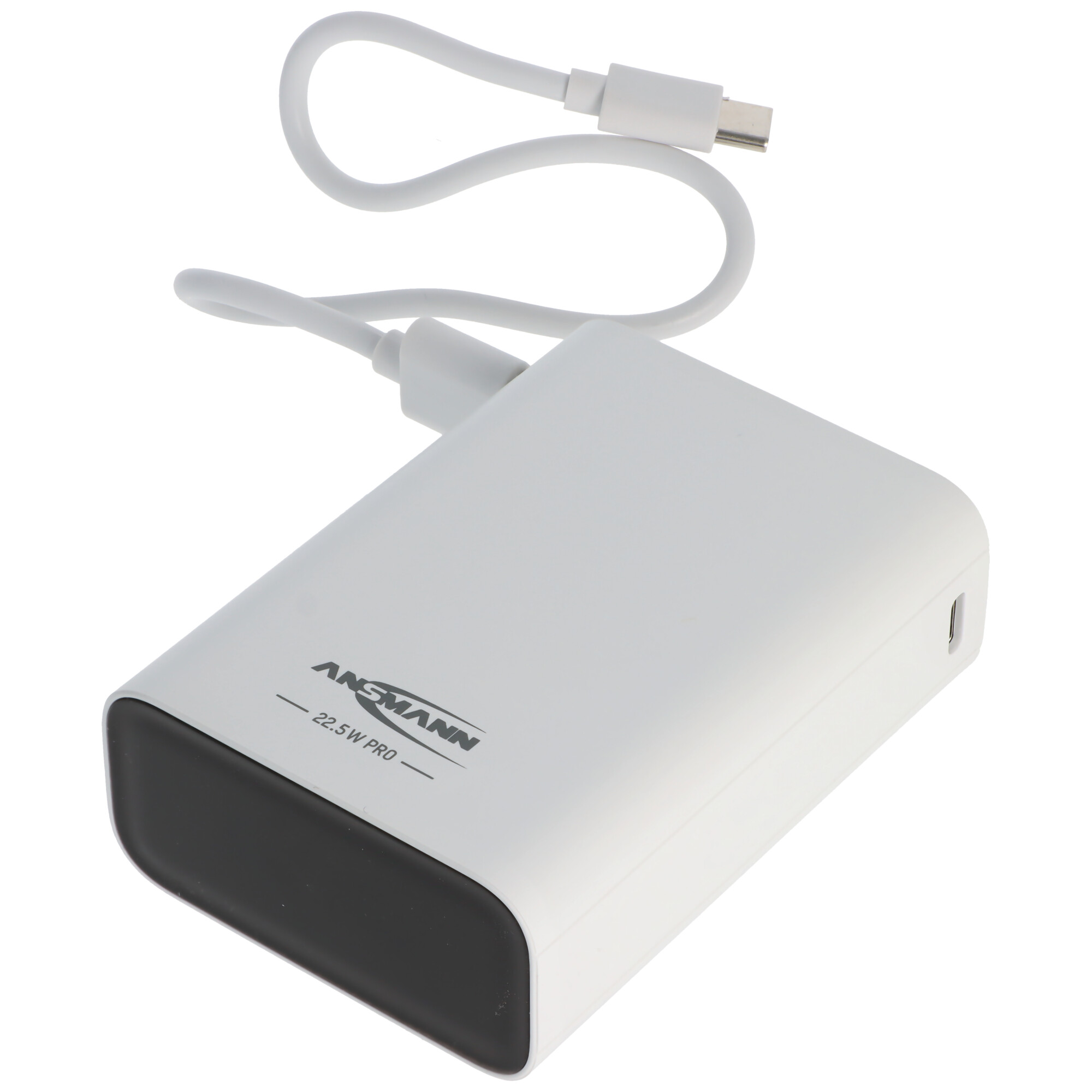 Ein weies Anker-Ladegert mit einem schwarzen Ende und einem USB-C-Kabel.