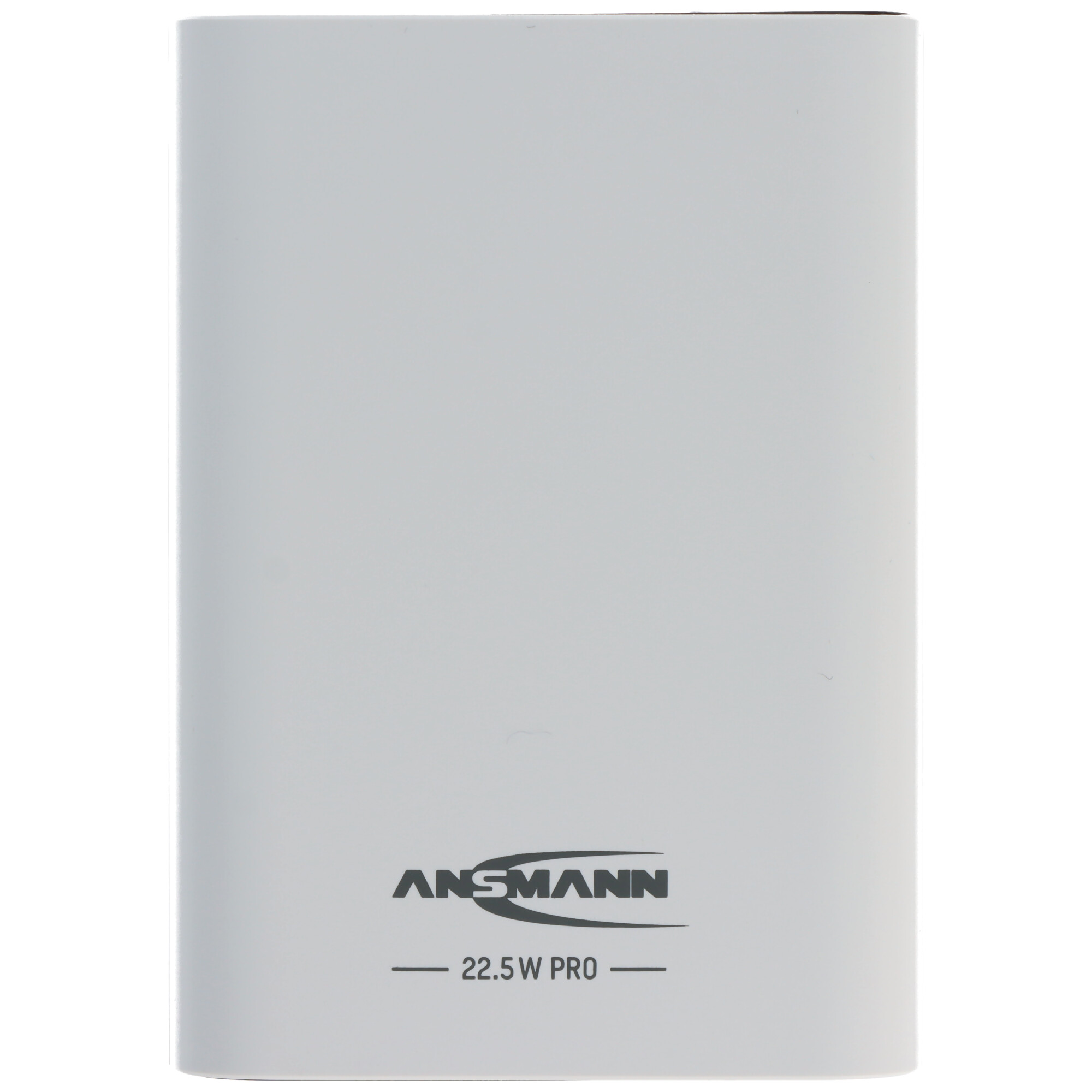 Ein weißes Ansmann 22.5W Pro Powerbank-Gerät auf weißem Hintergrund.