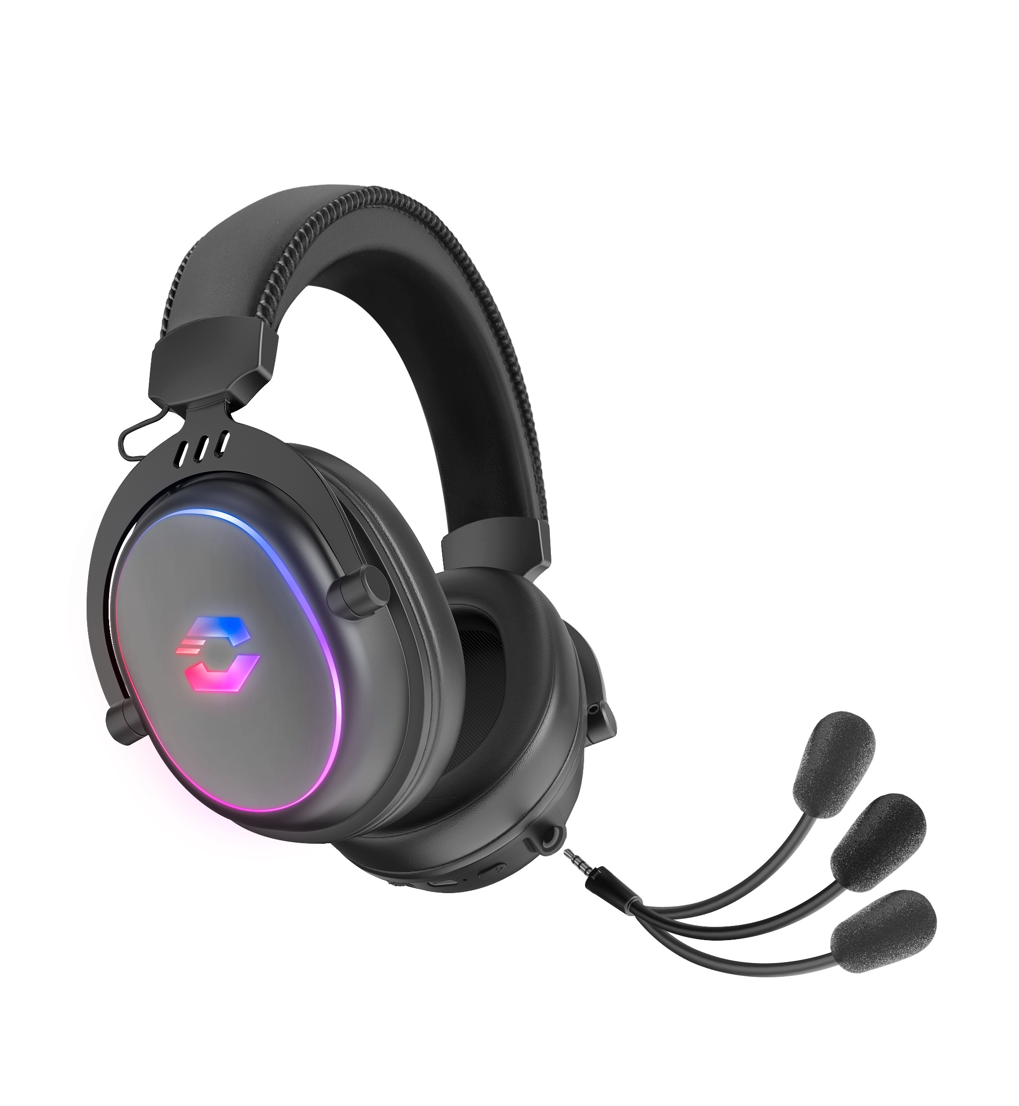 Schwarzer Gaming-Kopfhörer mit RGB-Beleuchtung und drei Mikrofonen.