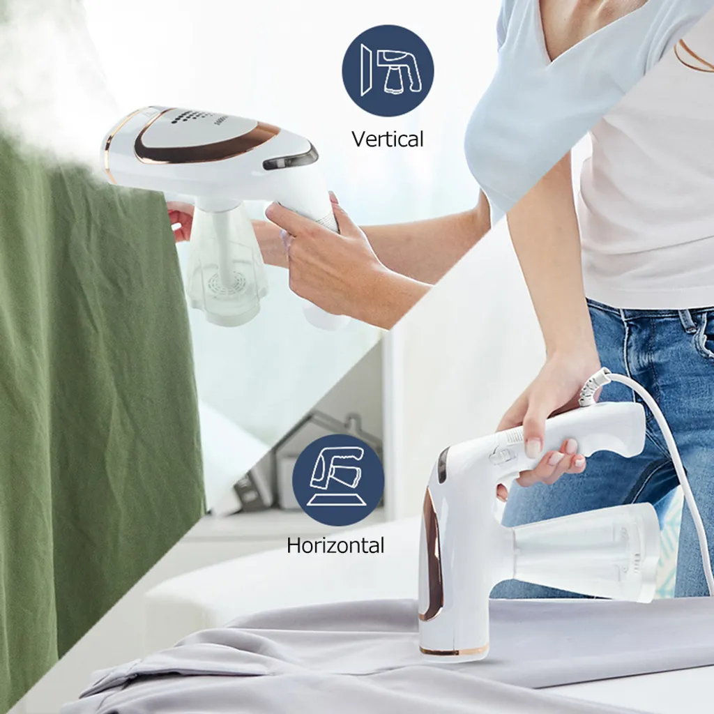 Ein weißer Dampfglätter wird vertikal und horizontal verwendet, um Kleidung zu glätten.