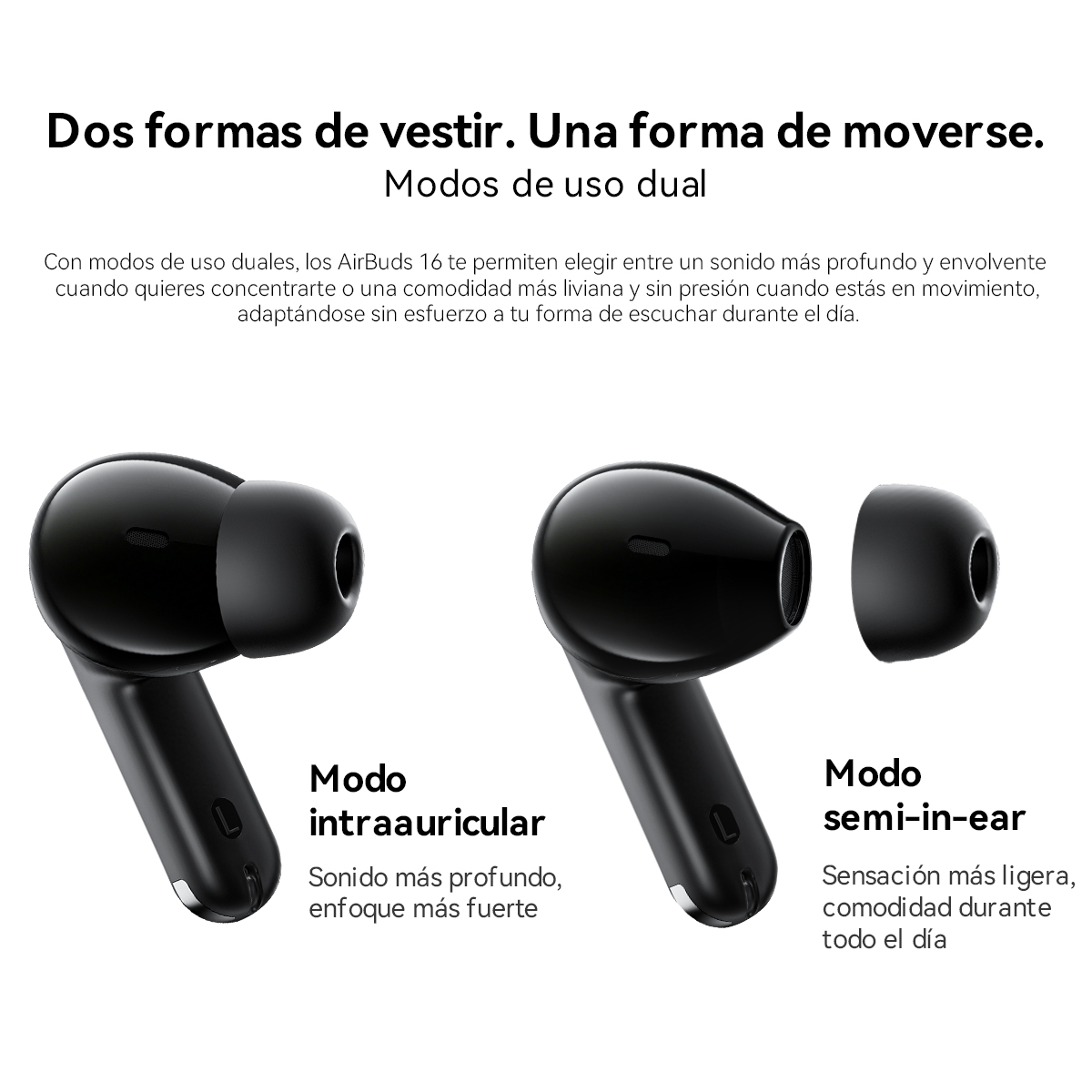 Dos audífonos negros, uno intrauditivo y otro al lado, para dos modos.