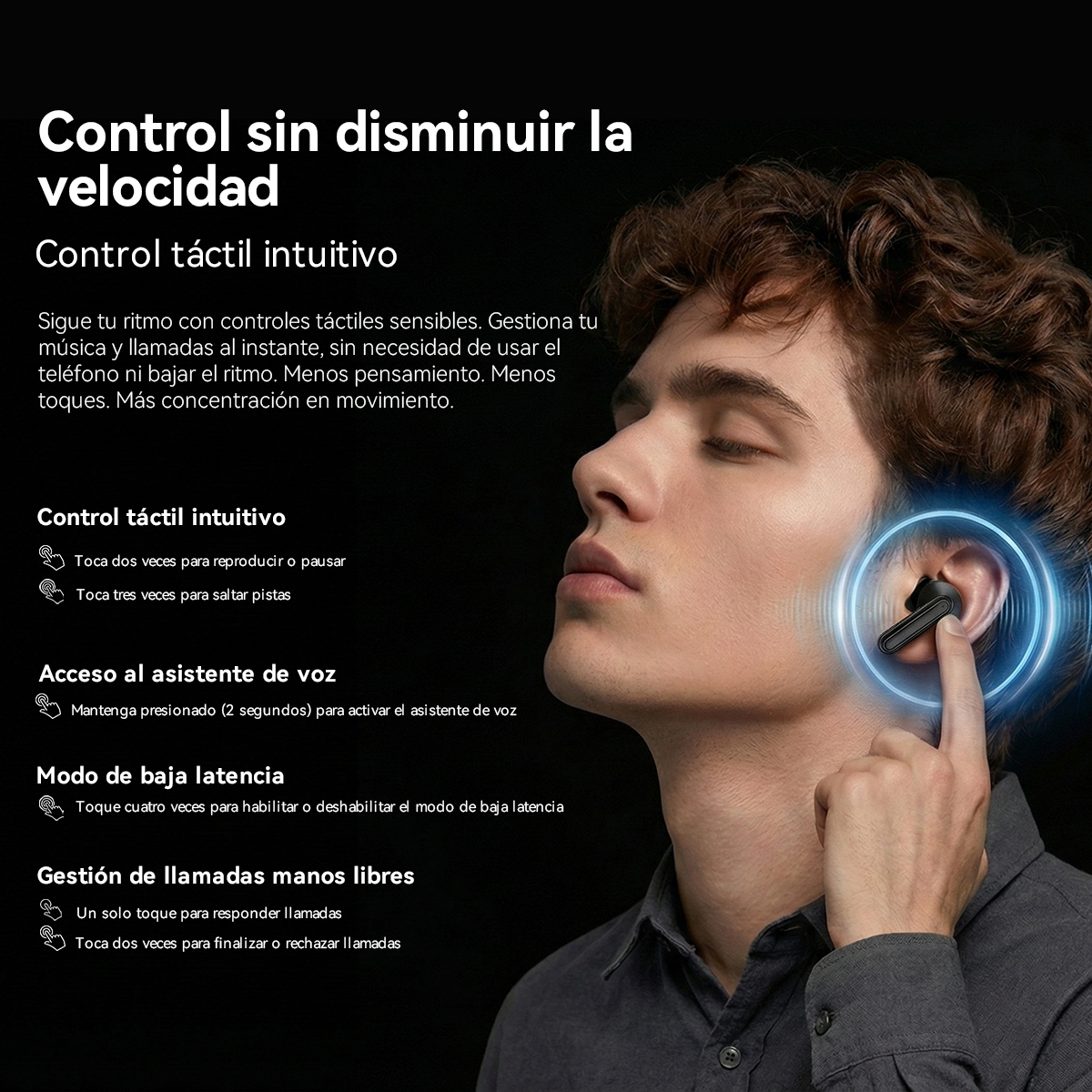 Un hombre con un auricular en la oreja, resaltado por una onda de luz azul.
