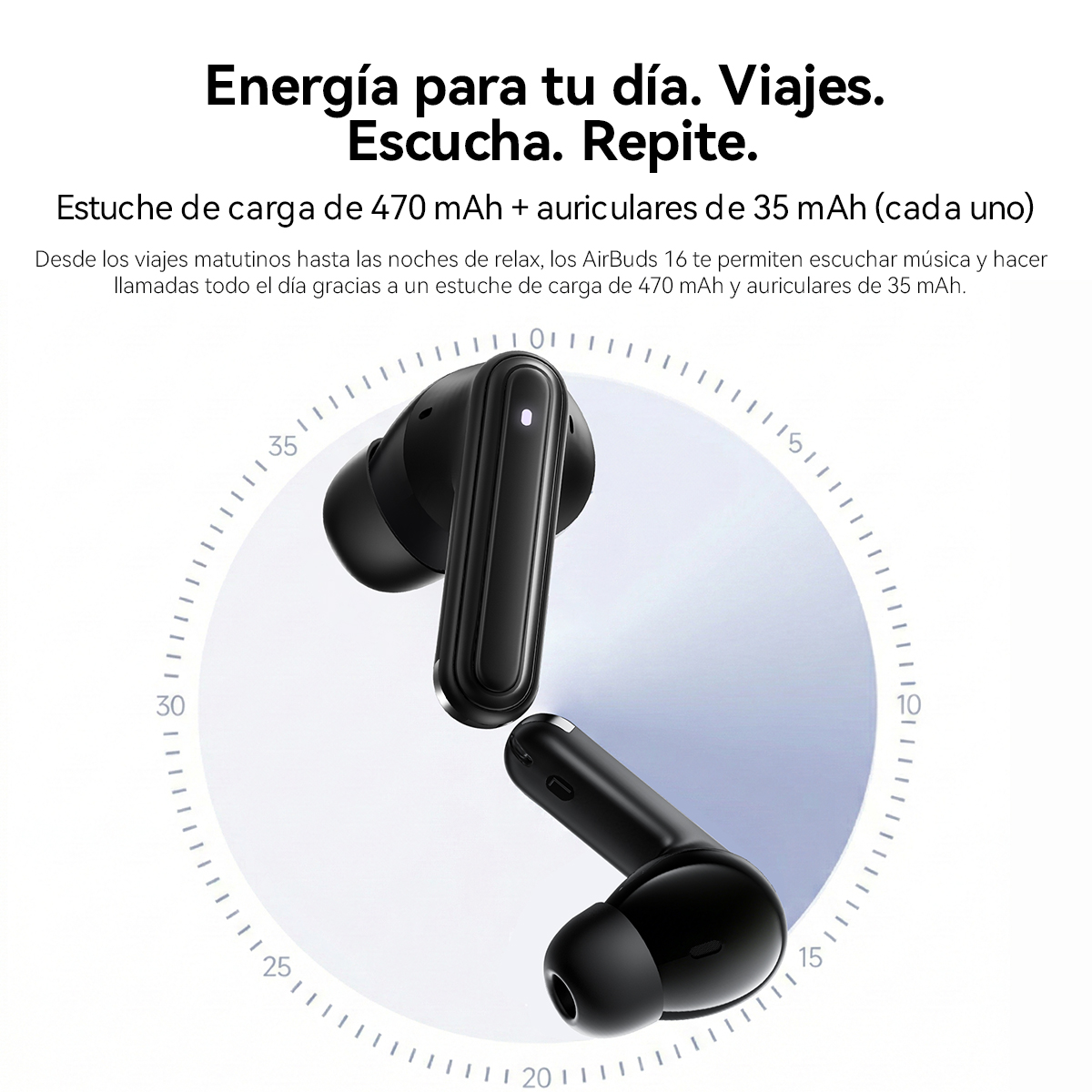 Auriculares inalámbricos negros con estuche de carga, sobre un círculo con marcas de tiempo.