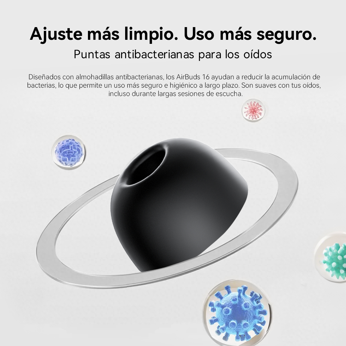 Un audífono negro con íconos de bacterias en círculos alrededor.