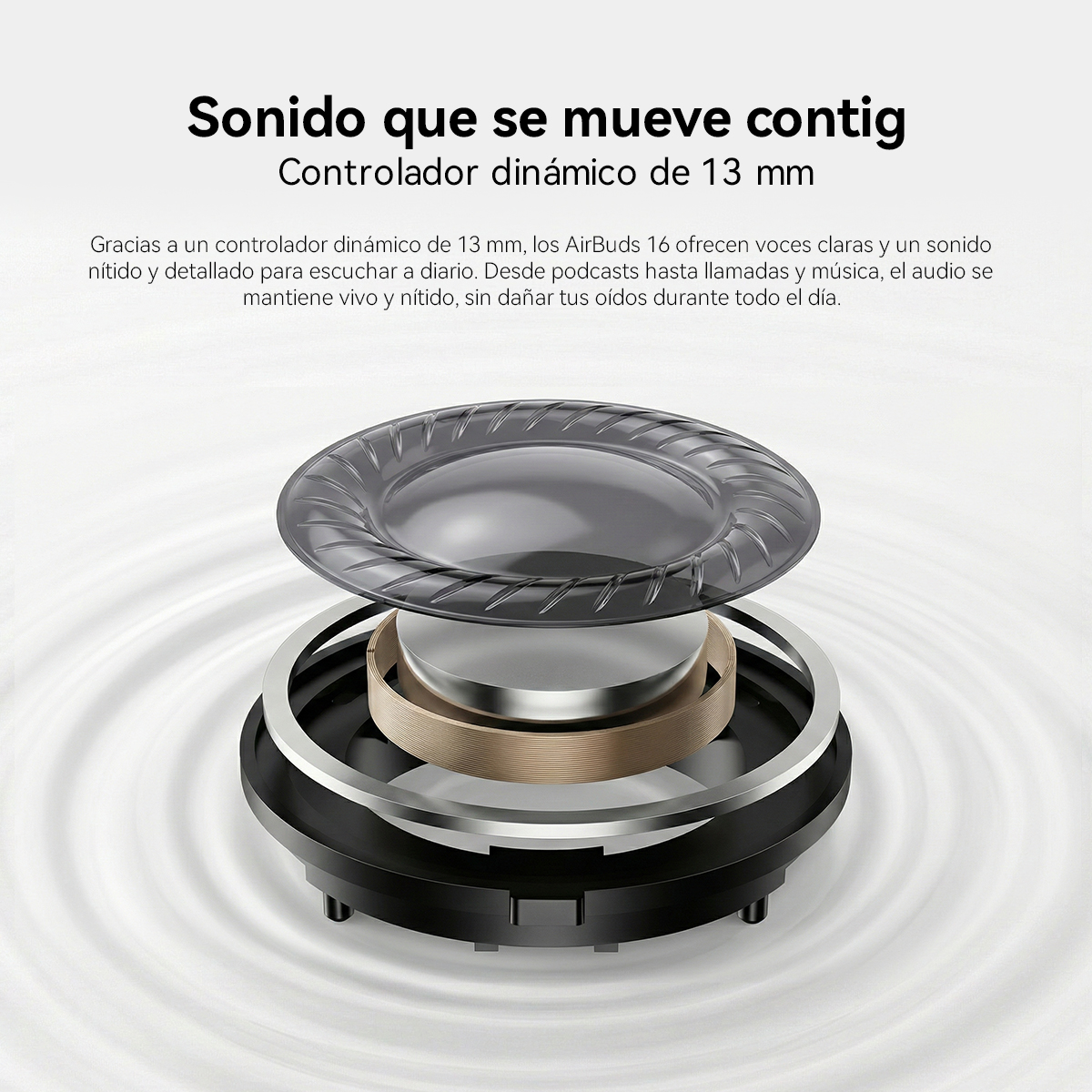 Vista explosionada de un controlador de 13 mm con base negra y anillos plateados.