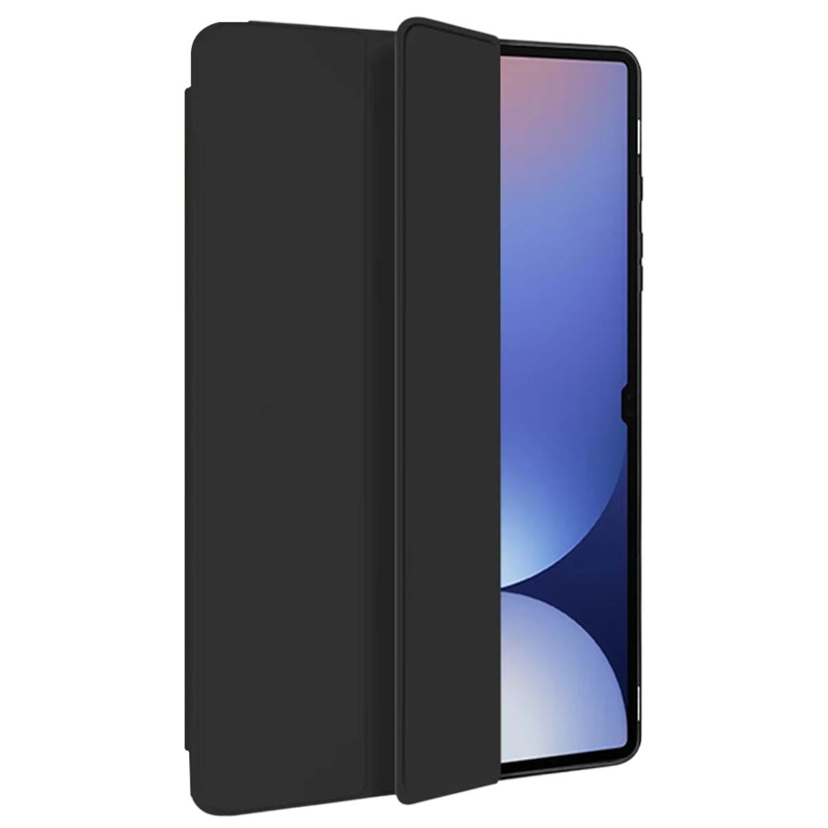 Ein schwarzes Tablet mit offenem Schutzumschlag, das auf einem weißen Hintergrund steht.