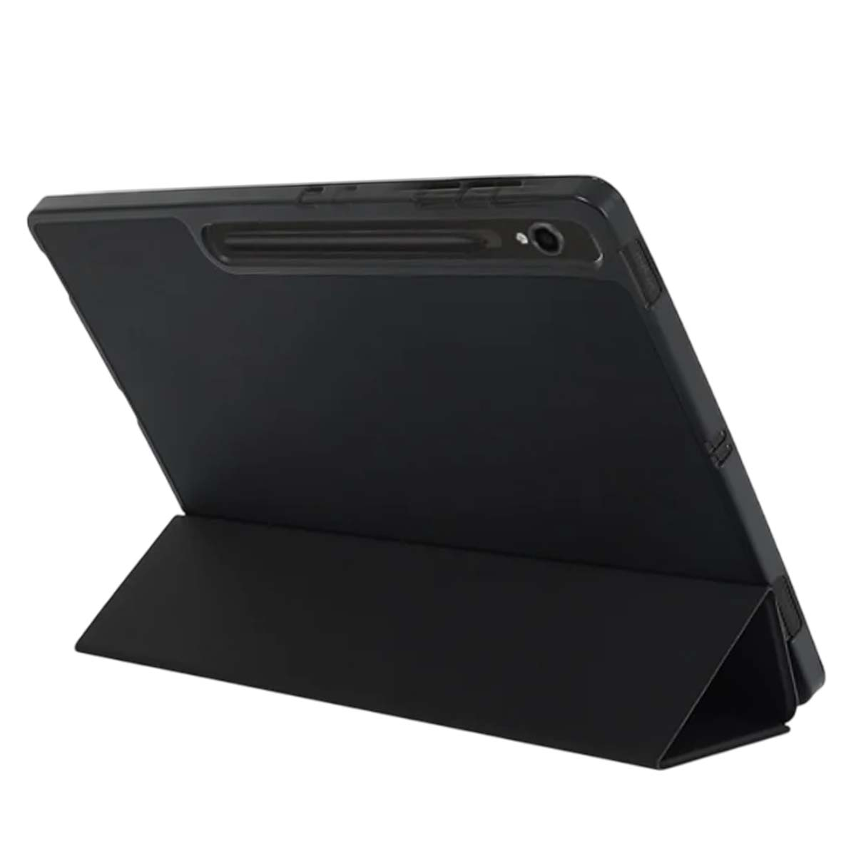 Schwarzes Tablet mit aufgestelltem Ständer, das auf einem weißen Hintergrund isoliert ist.