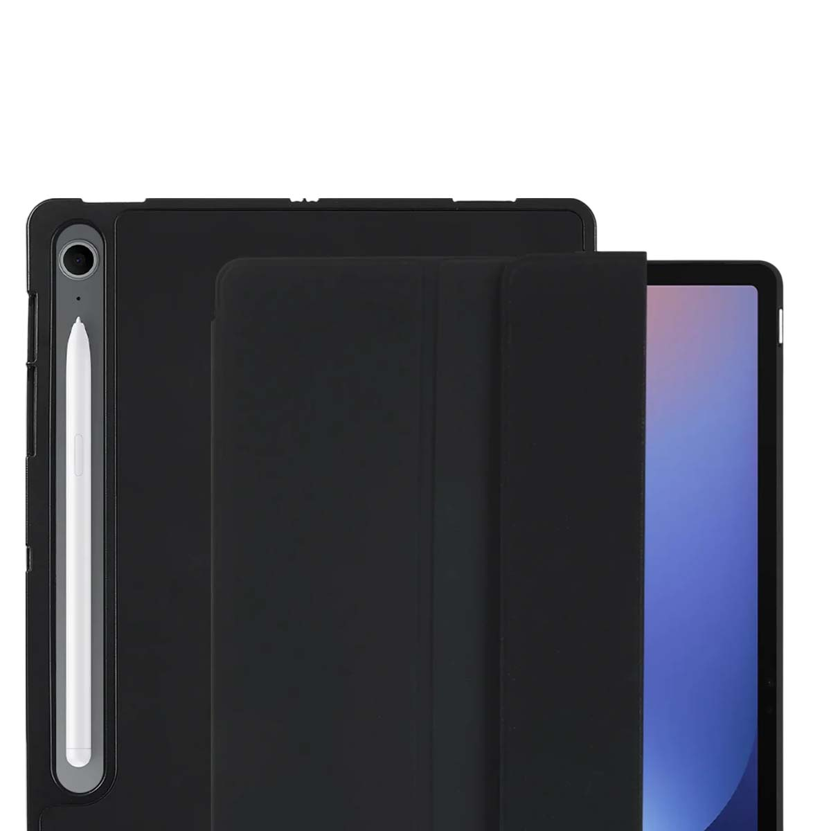 Ein schwarzes Tablet mit Stifthalter und einer Hülle, die teilweise geöffnet ist.
