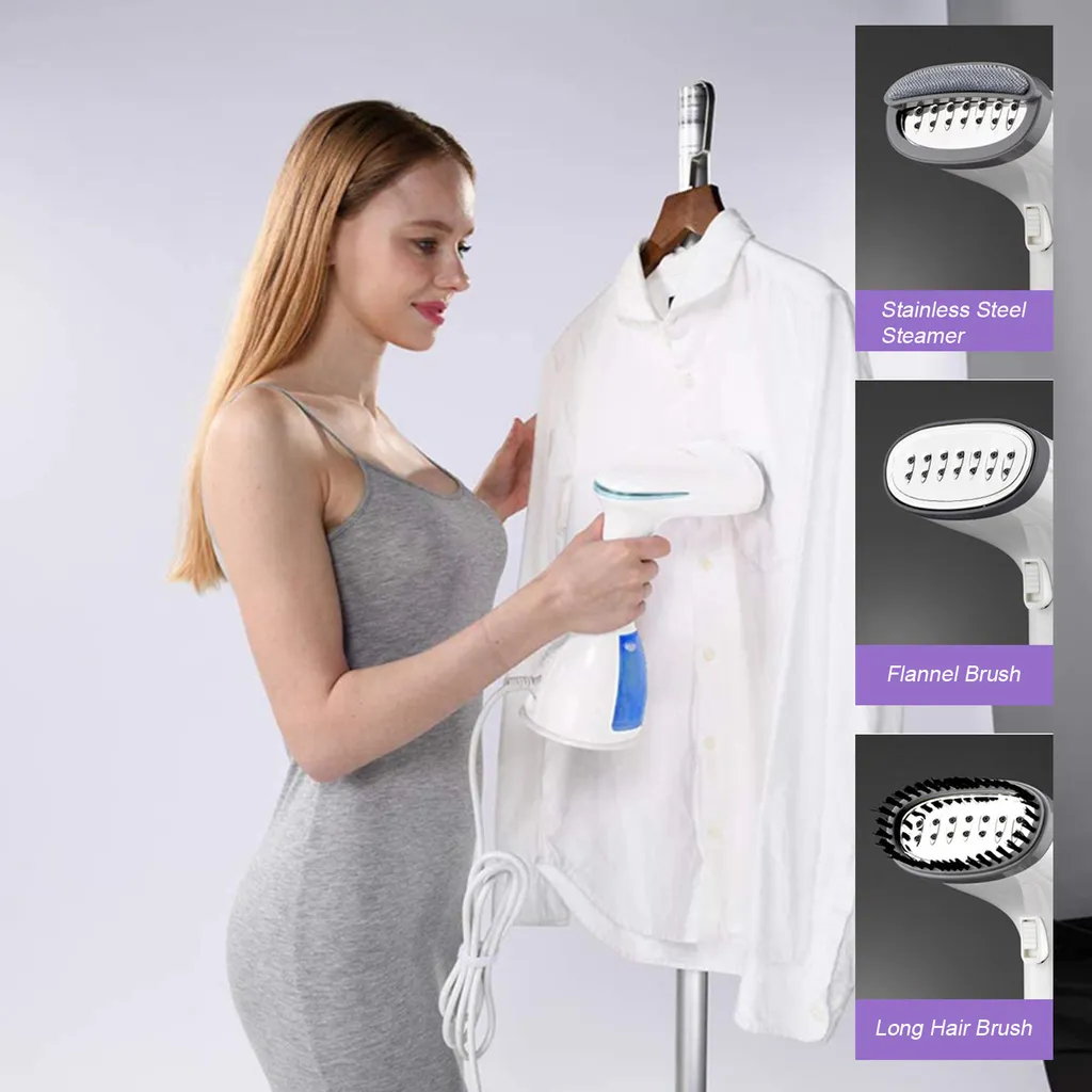 Eine Frau mit einem Kleid benutzt einen Dampfglätter für ein weißes Hemd.