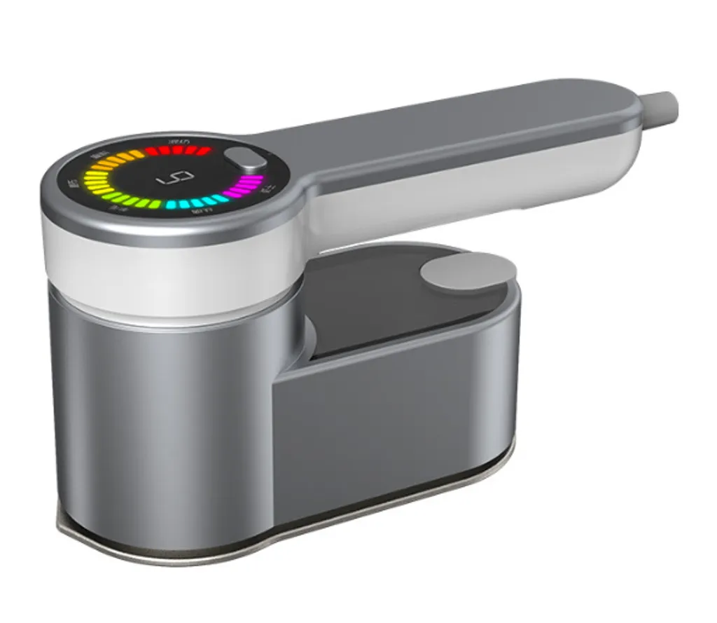 Ein silbernes und weißes Gerät mit einem farbigen LED-Display und Griff.
