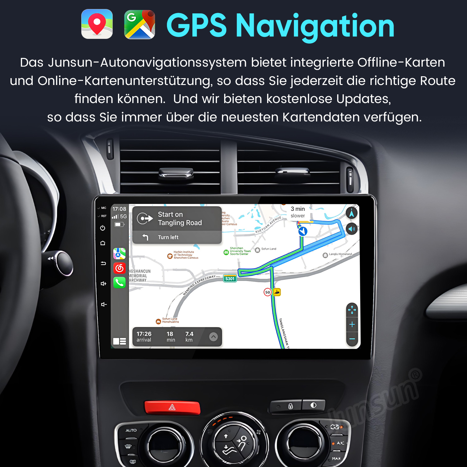 Ein Navigationsbildschirm im Auto zeigt eine Karte mit einer Route.