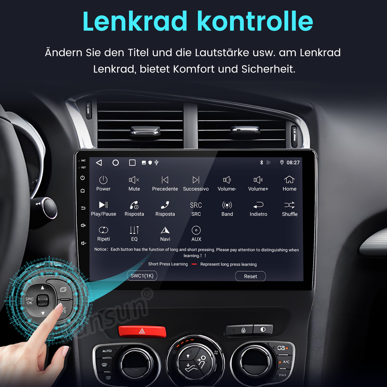 Ein Finger berührt ein Lenkrad-Steuerungselement, das auf einem Auto-Infotainment-Bildschirm abgebildet ist.
