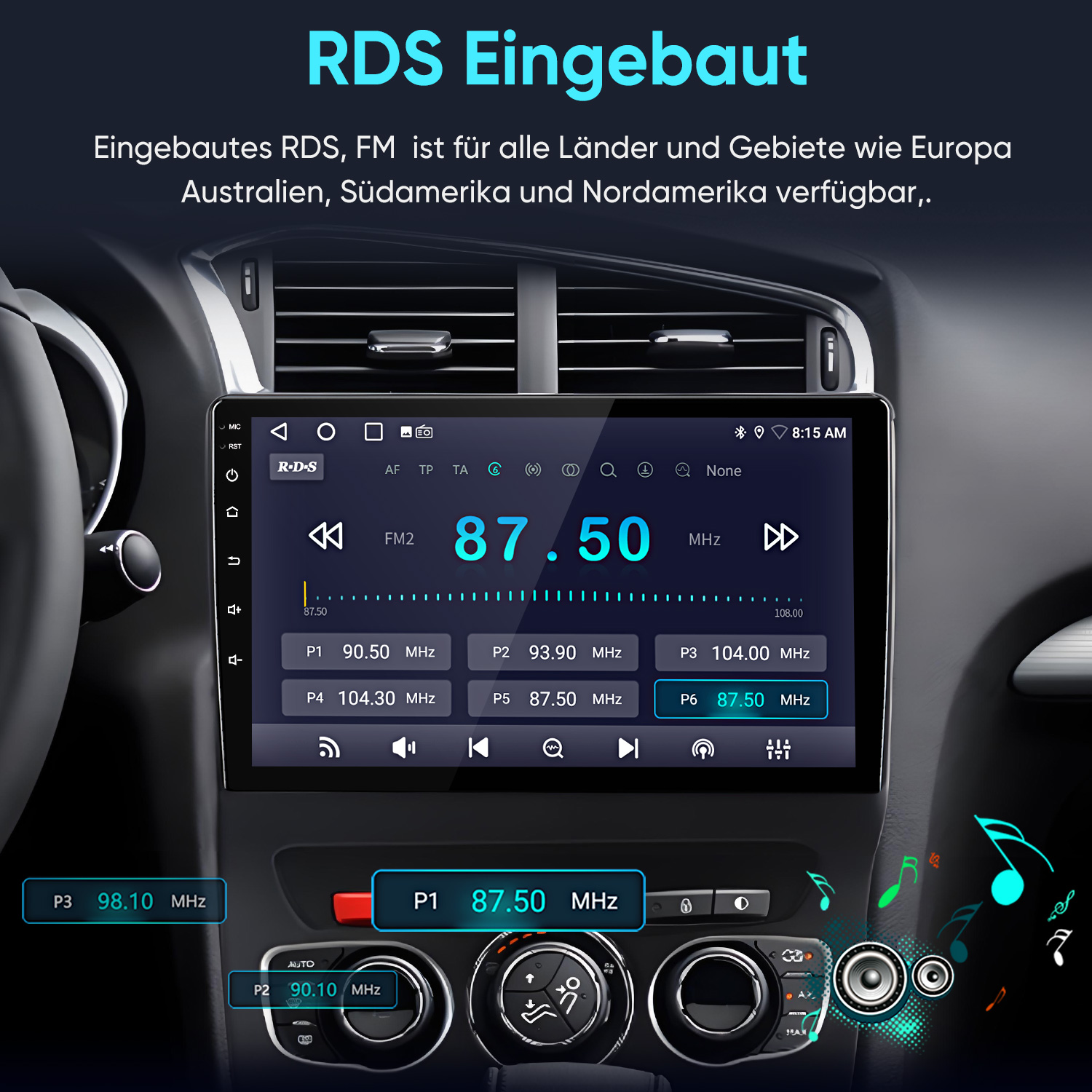 Einbau-RDS-FM-Autoradio zeigt Frequenzen und Sender an, mit Tasten für Speicherung.
