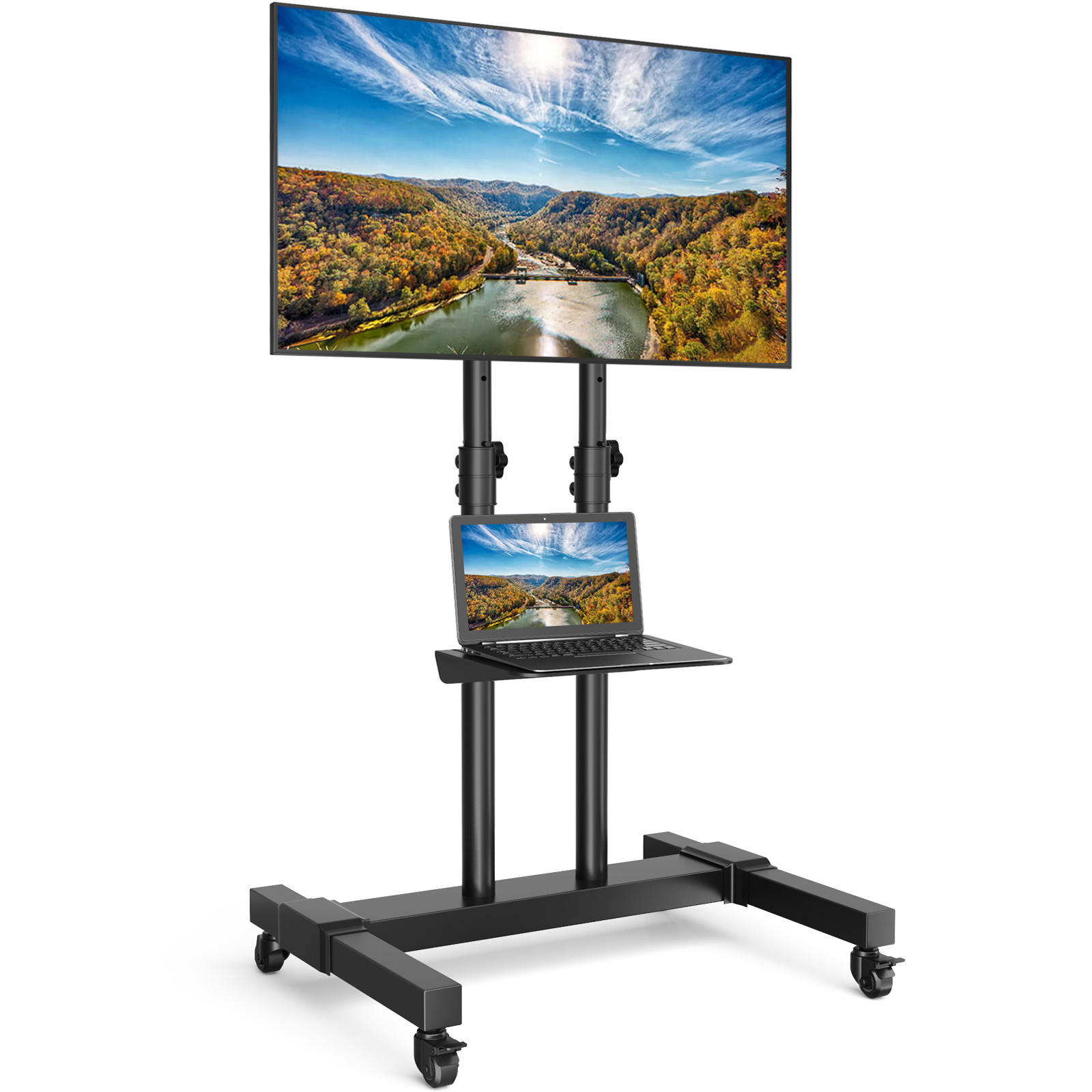 Ein schwarzer TV-Ständer mit Laptop auf Rädern, zeigt Landschaftsbild.