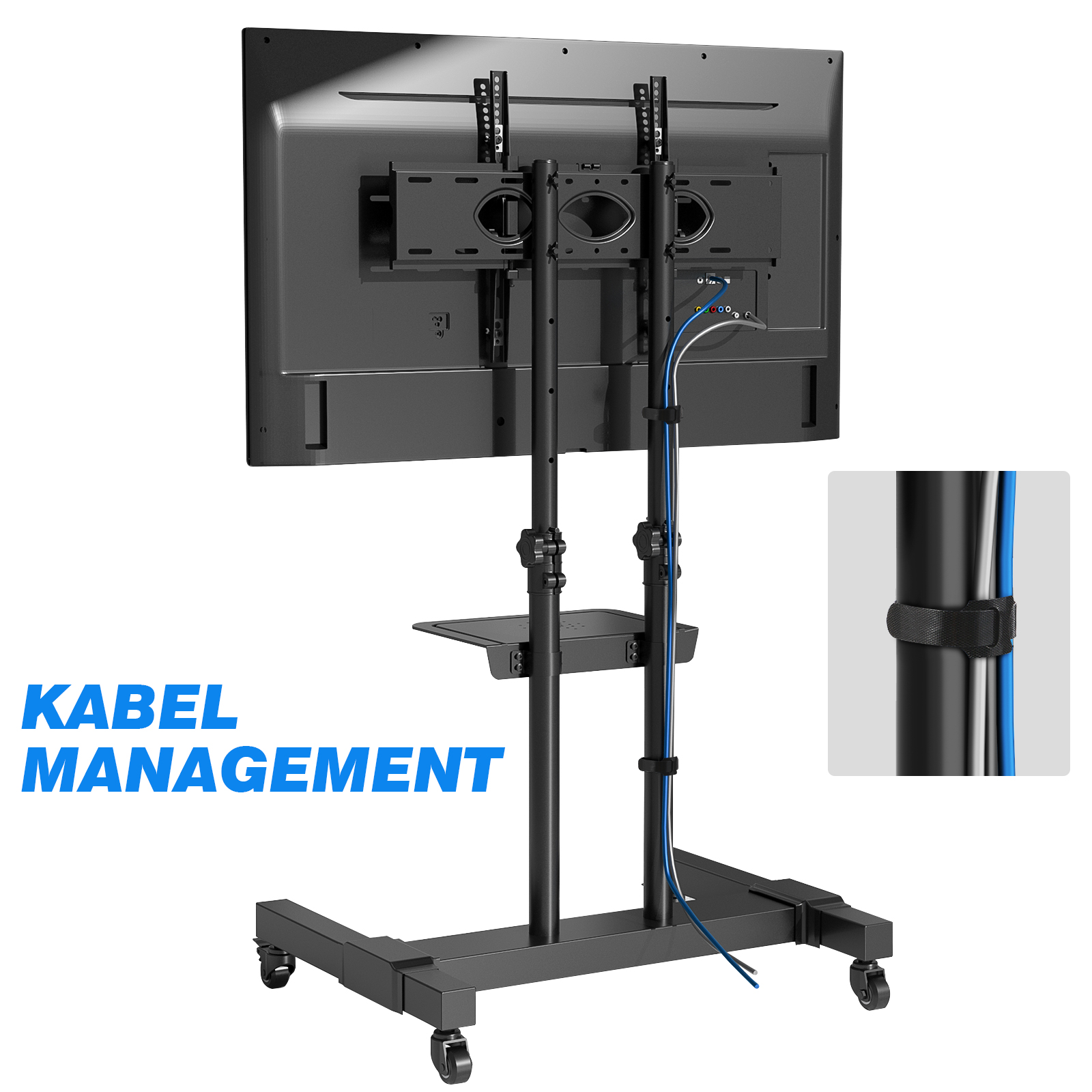 Ein schwarzer TV-Ständer auf Rädern mit Kabelmanagement-Details.