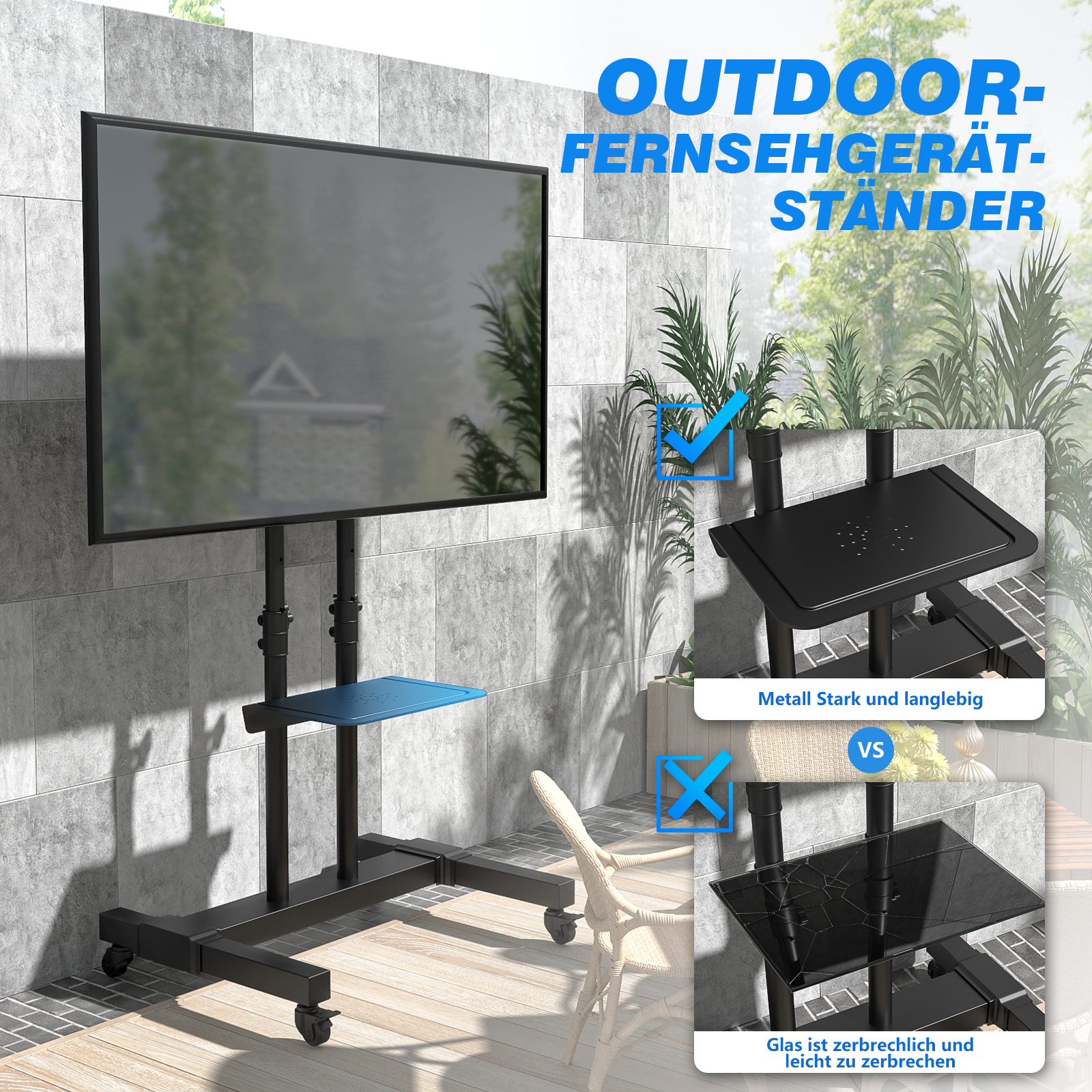 Mobiler TV-Ständer mit blauem Ablagefach. Links und rechts Vergleich.