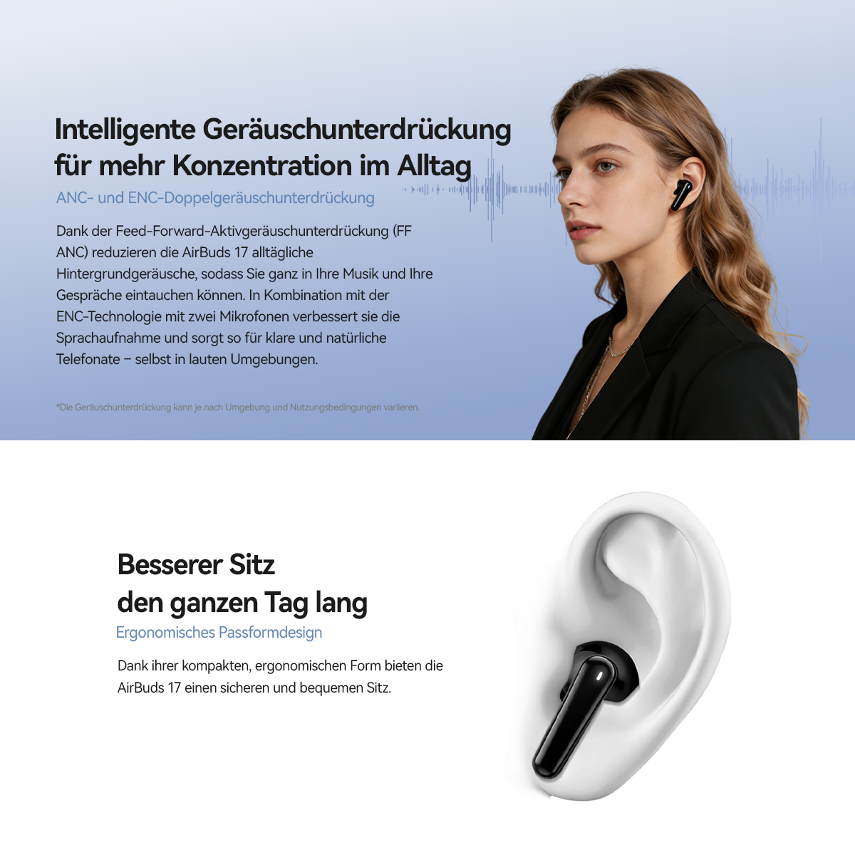 Eine Frau mit Kopfhörern und ein Ohr mit einem einzelnen Kopfhörer.