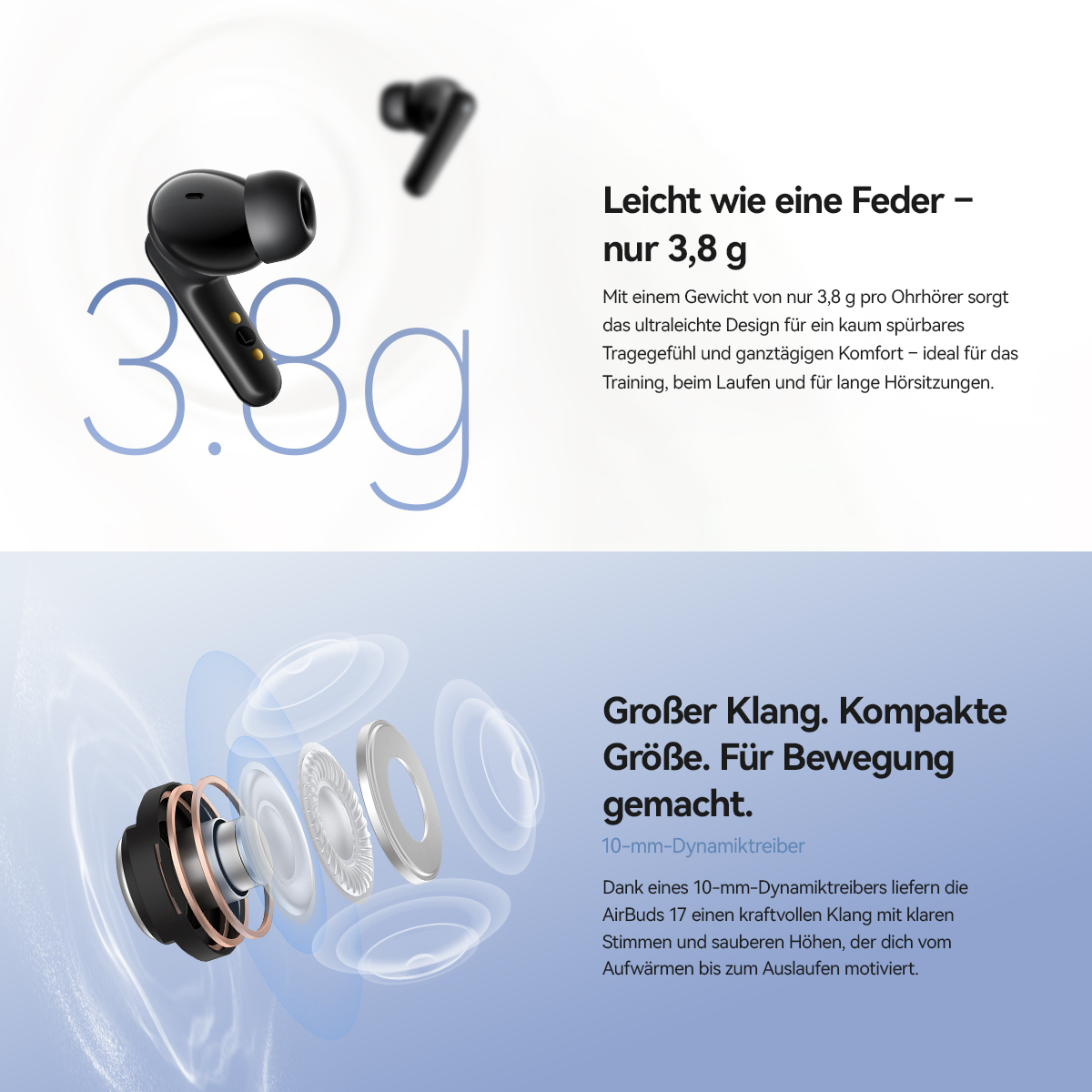 Schwarze Kopfhörer mit 3,8g Gewicht und detaillierte 10mm Treiberansicht.