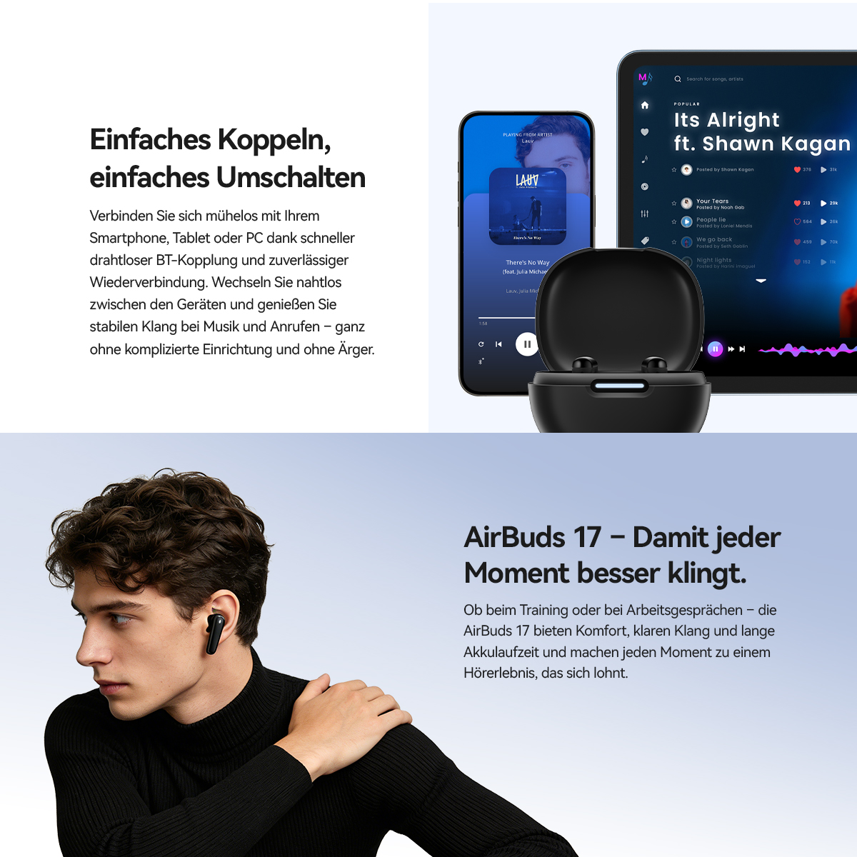 Mann mit schwarzen AirBuds 17. Links Text, rechts Handy & Tablet mit Musik.