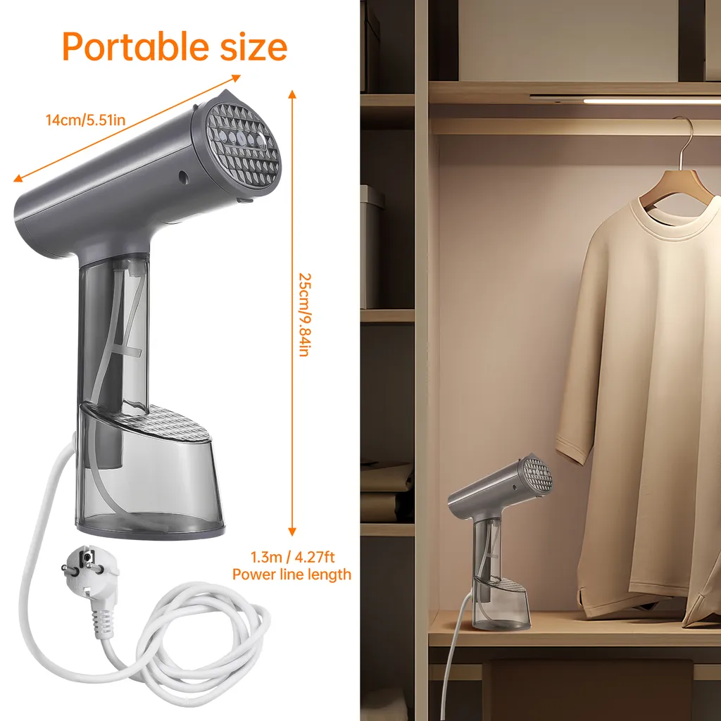 Grauer Handdampfglätter mit transparentem Wassertank und weißem Kabel.