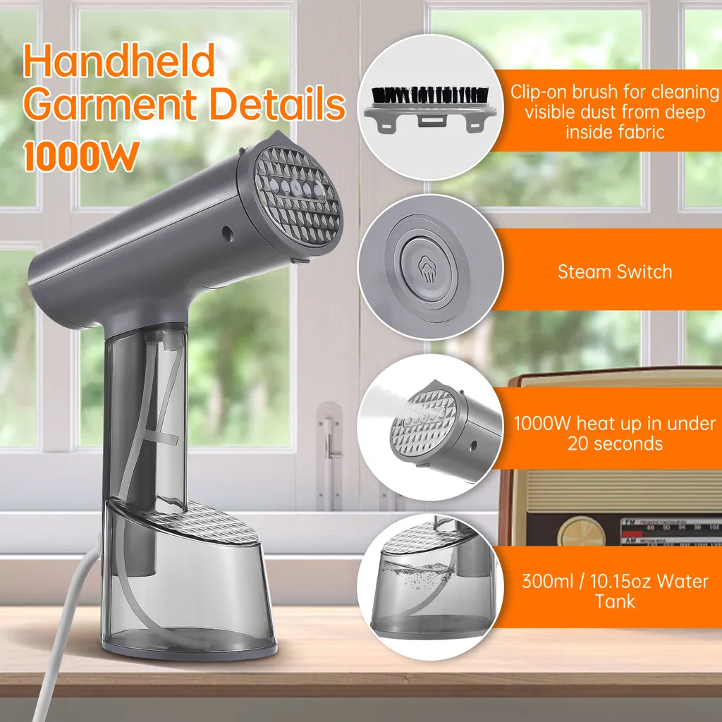 Grauer Handdampfer mit Bürstenaufsatz, Dampfschalter, 1000W Heizung und Wassertank.