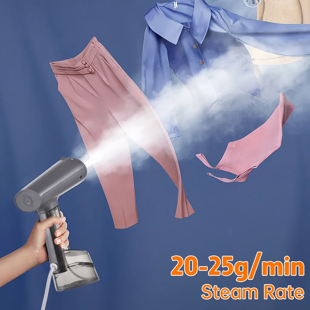 Ein Handdampfer gibt Dampf auf rosa Hosen und ein blaues Hemd ab.