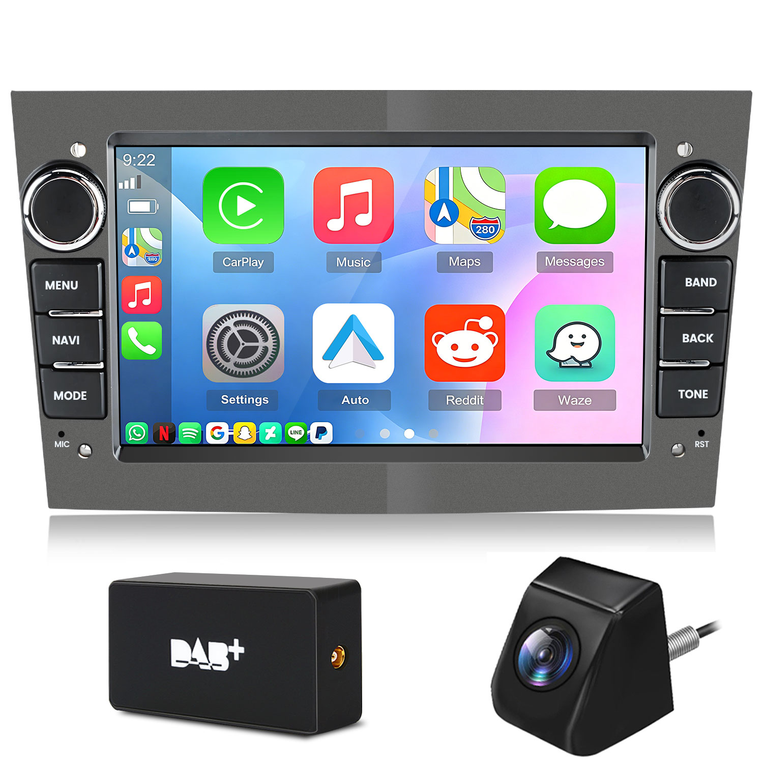 Ein Autoradio mit CarPlay-Apps, DAB+-Box und Rückfahrkamera.