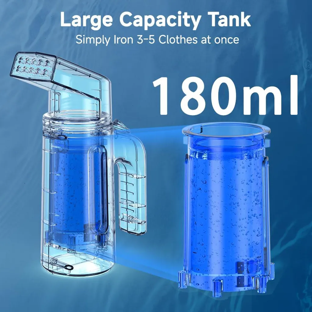 Blauer Wassertank mit 180ml Kapazität und einem Dampfglätter-Aufsatz.